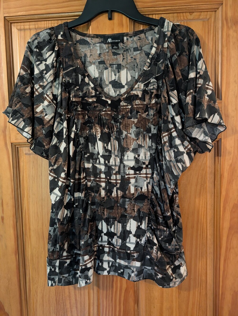 AB Studio Brown Black & Cream Abstract Flutter Sleeve Flowy Blouse Size Large